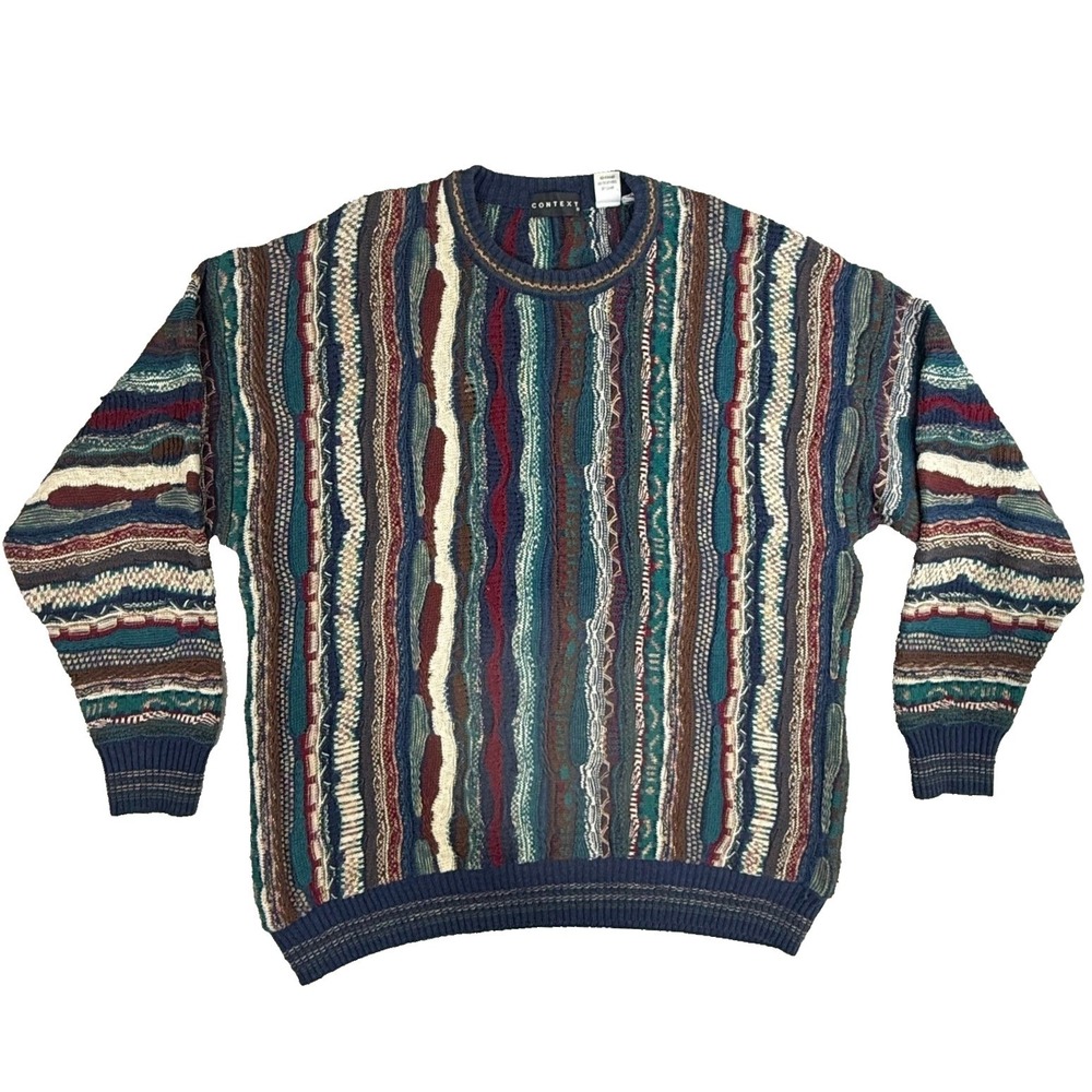 Context 3D Textured Knit Sweater Men XL Multicolor Vtg 90s Vertical Stripe Crew